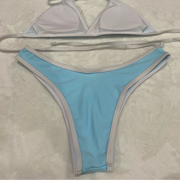 ROMWE Women’s Contrast Piping Halter Top High Leg Tie Bikini - blue, size L - Picture 7 of 9